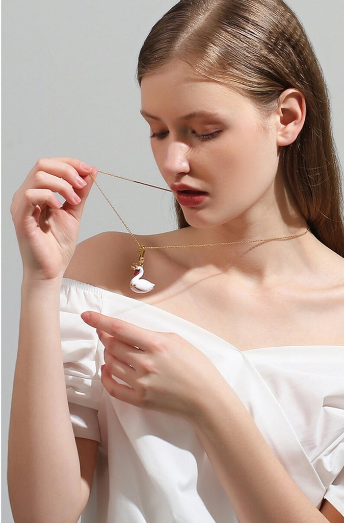 White Swan Enamel Necklace Key Pendant Jewelry Gift