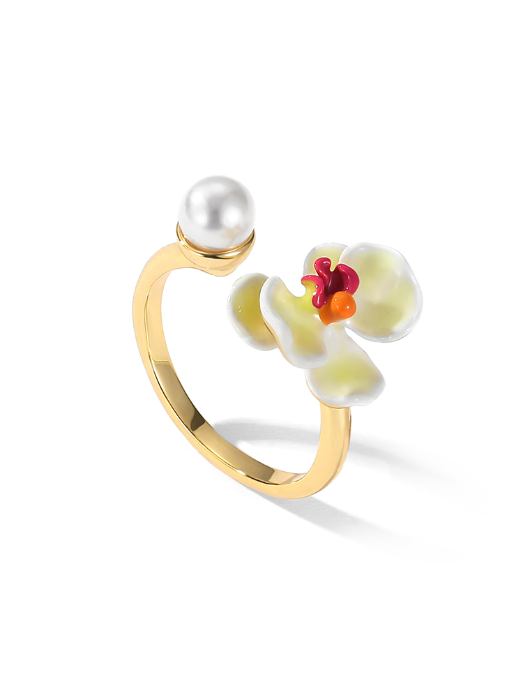 Yellow Red Orange Pansy Flower Pearl Enamel Adjustable Ring