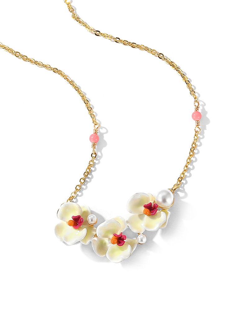 Yellow Red Orange Pansy Flower Pearl Enamel Necklace