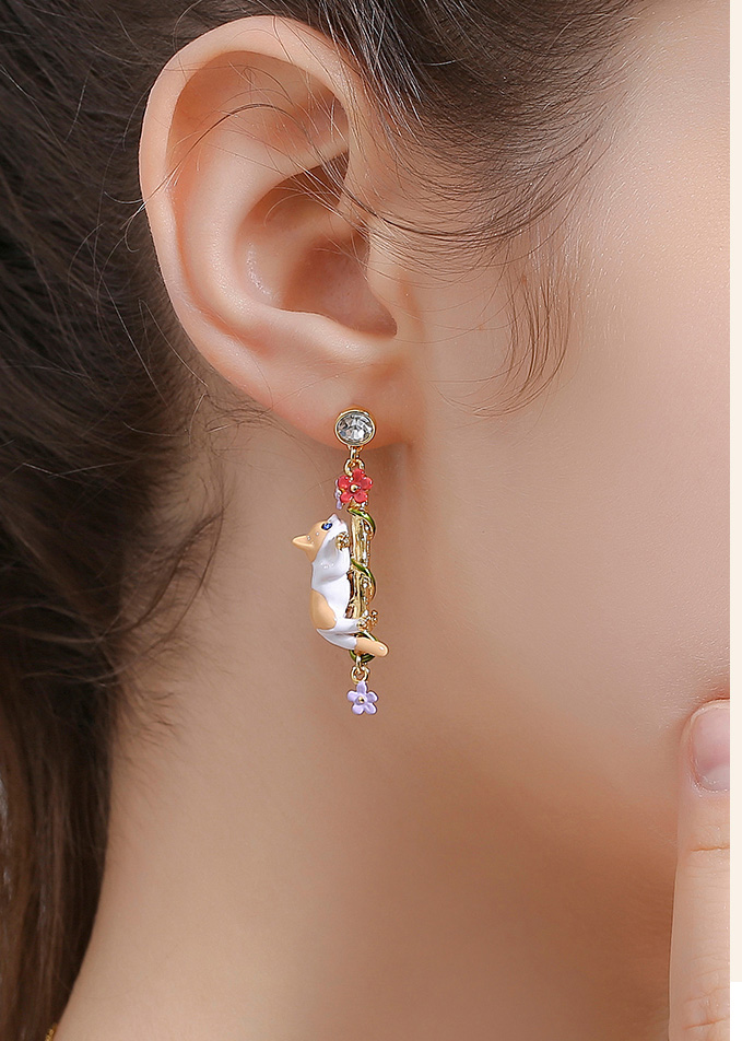 Cat Kitty Kitten Red Purple Flower Zircon Enamel Dangle Earrings