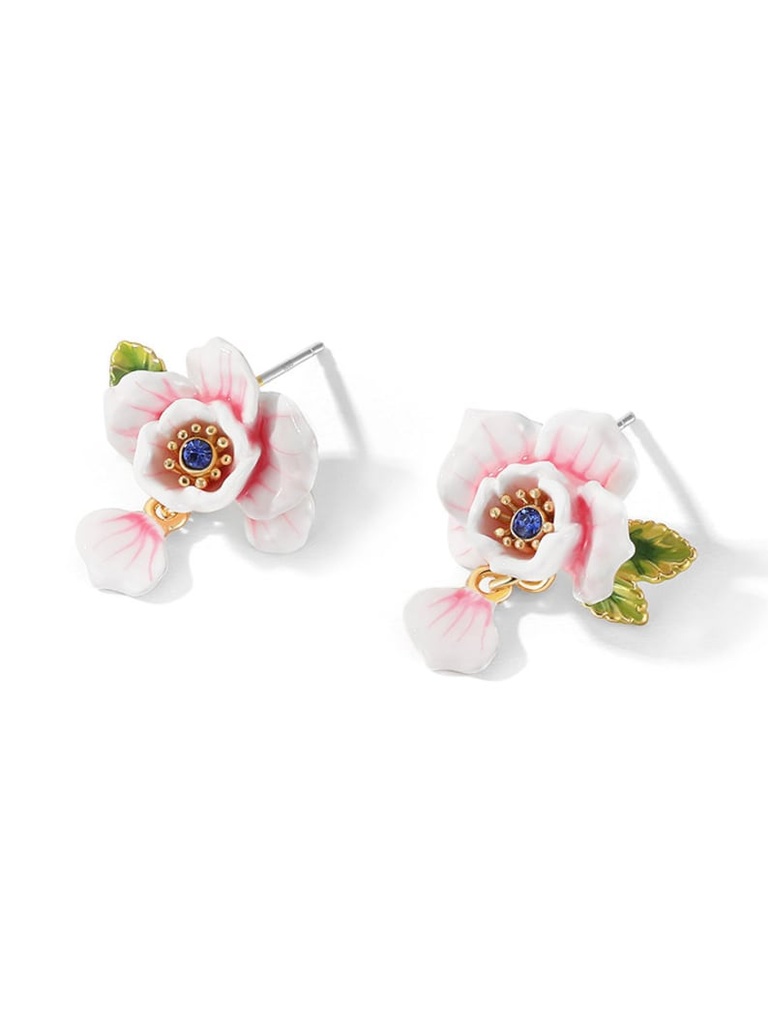 Pink White Rose Flower Petal And Crystal Enamel Dangle Earrings Jewe;ry Gift