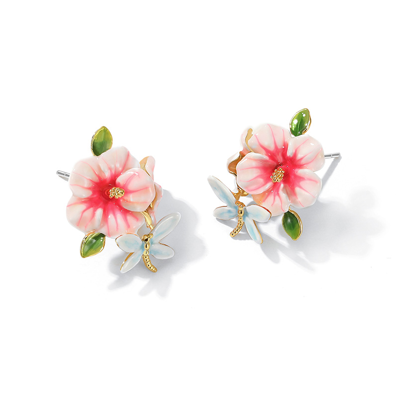 Pink Flower And Dragonfly Enamel Stud Earrings