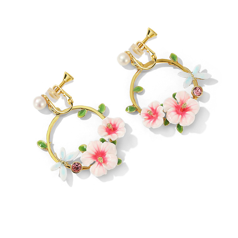 Pink Flower And Dragonfly Hoop Pearl Enamel Dangle Earrings