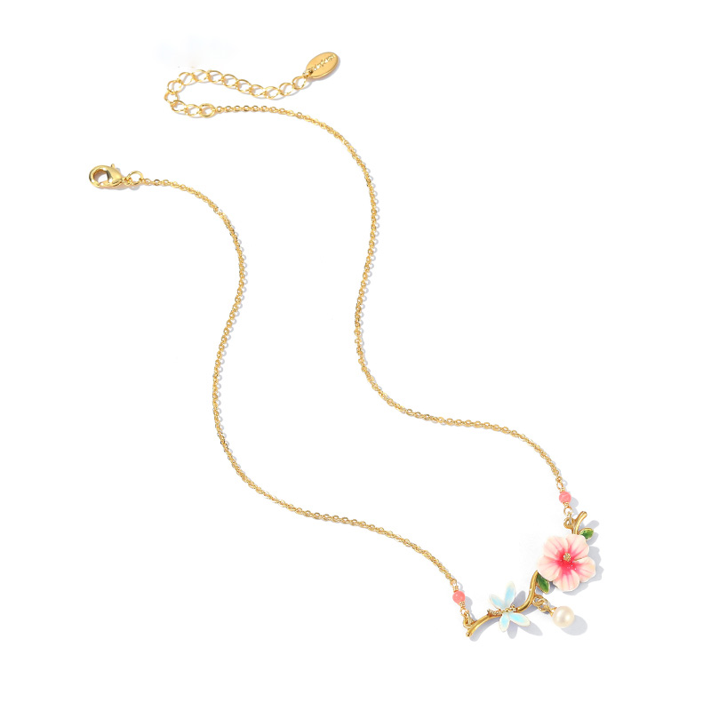 Pink Flower And Dragonfly Crystal Pearl Enamel Pendant Necklace Jewelry Gift