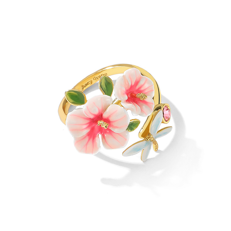 Pink Flower And Dragonfly Crystal Enamel Adjustable Ring Jewelry Gift