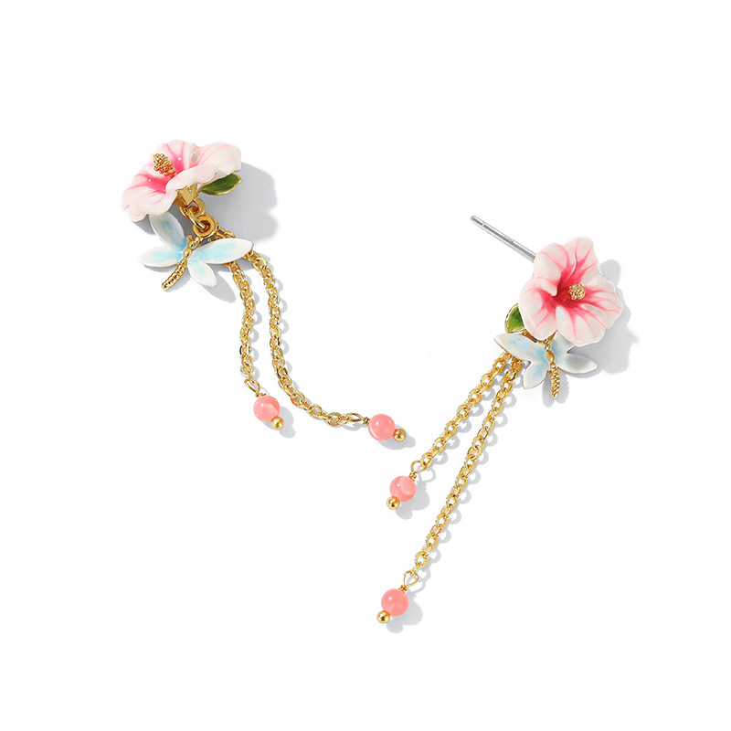 Pink Flower And Dragonfly Tassel Enamel Dangle Earrings Jewelry Gift