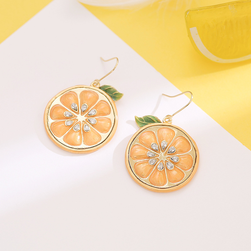 Orange Lemon Slice With Zircon And Leaf Enamel Hook Earrings