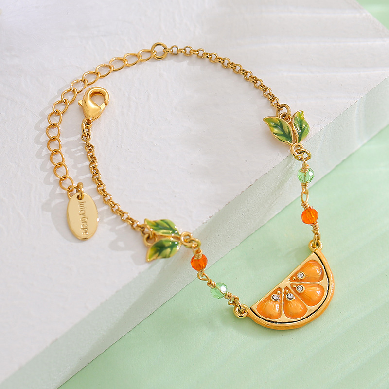 Orange Lemon Slice With Zircon And Leaf Enamel Charm Bracelet