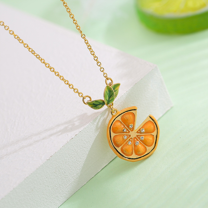 Orange Lemon Slice With Zircon Enamel Pendant Necklace