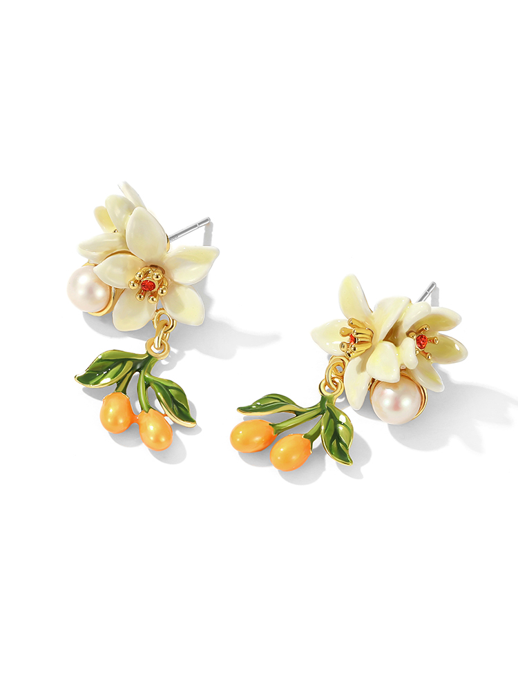 Orange Blossom Flower Kumquat Pearl Enamel Dangle Earrings