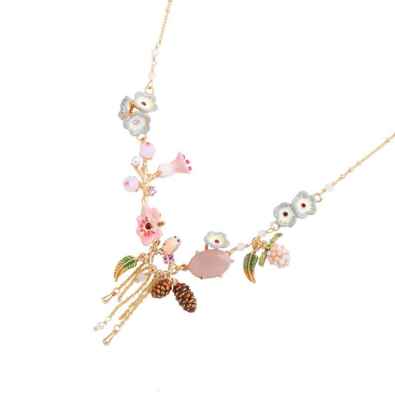 Enamel Glaze Flower Gold Plated Tassel Necklace