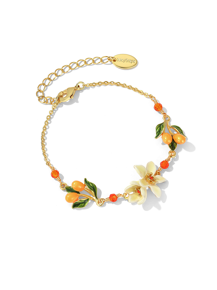 Orange Blossom Flower Kumquat Enamel Thin Bracelet Jewelry Gift