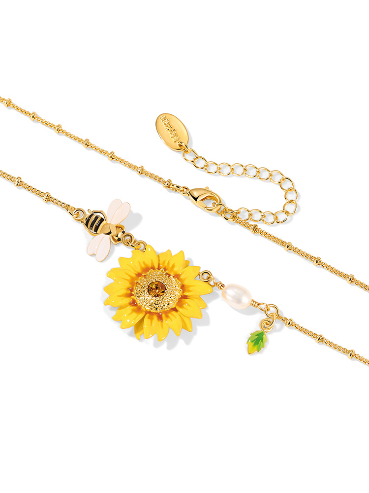 Yellow Sunflower And Bee Pearl Enamel Pendant Necklace Jewelry Gift