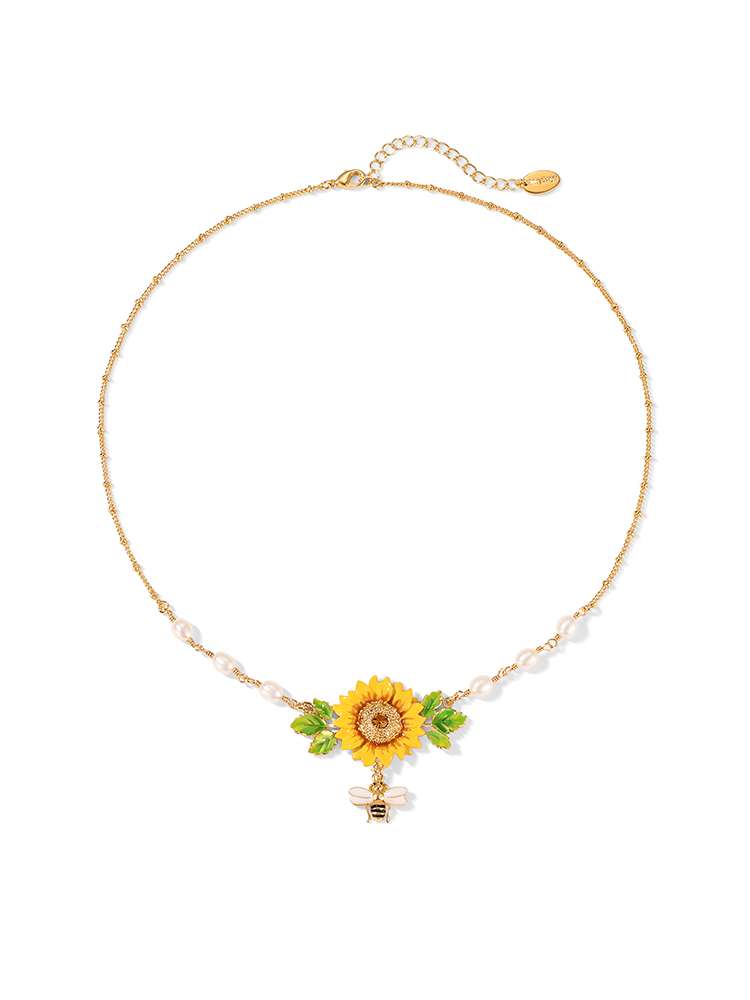 Yellow Sunflower And Bee Pearl Enamel Pendant Necklace Jewelry Gift