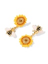 Yellow Sunflower And Bee Crystal Enamel Dangle Earrings