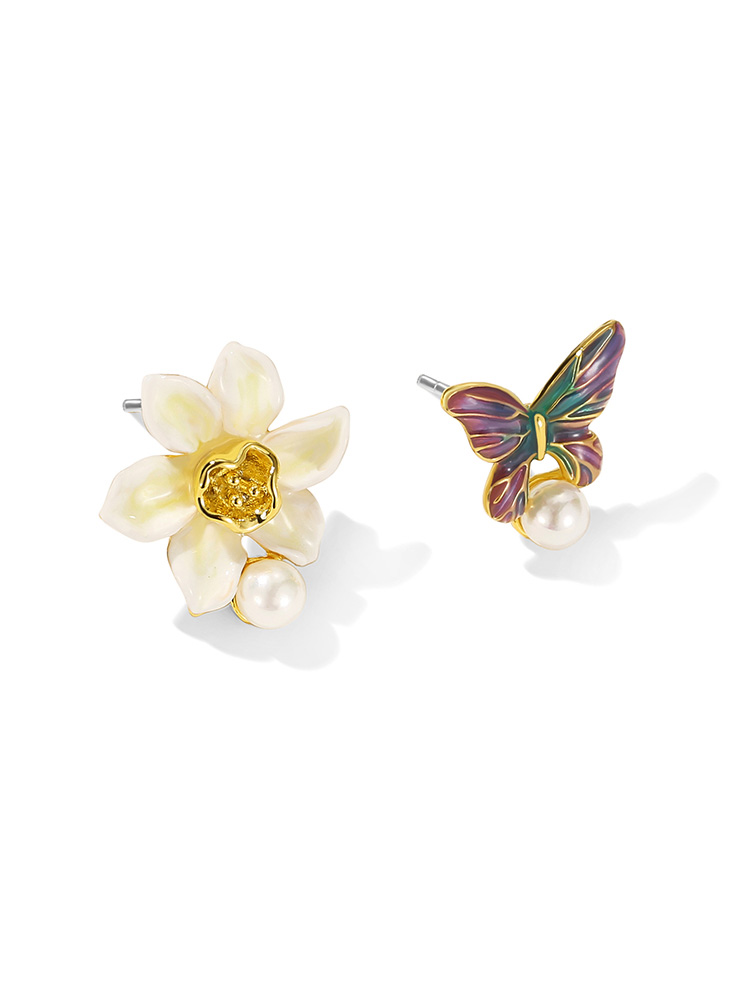 Flower And Butterfly Asymmetrical Enamel Stud Earrings Jewelry Gift