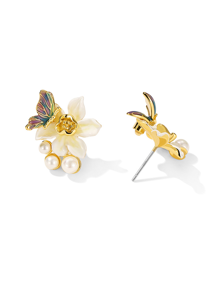 Flower With Butterfly And Pearl Enamel Stud Earrings Jewelry Gift