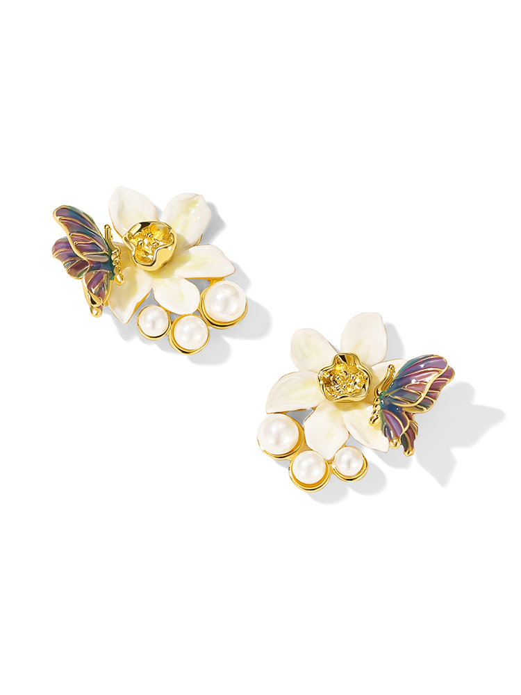 Flower With Butterfly And Pearl Enamel Stud Earrings Jewelry Gift