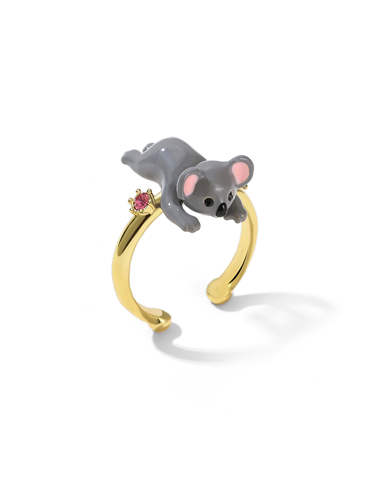 Koala And Green Leaf Enamel Adjustable Ring Jewelry Gift