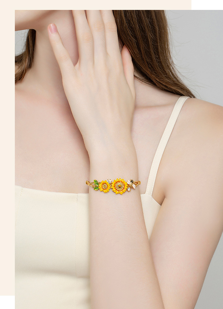 Yellow Sunflower Bee And Pearl Enamel Bangle Bracelet Jewelry Gift