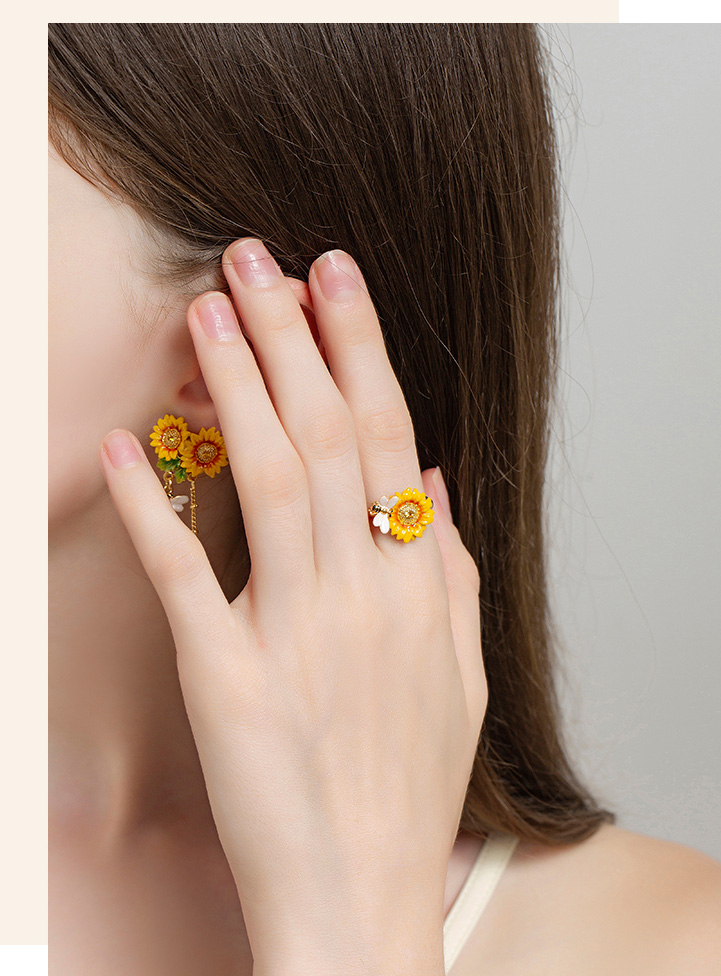 Yellow Sunflower Bee Enamel Adjustable Ring Jewelry Gift