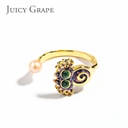 Enamel Glazed Big Eyes Spider Natural Pearl Adjustable Ring 18K Gold Plated