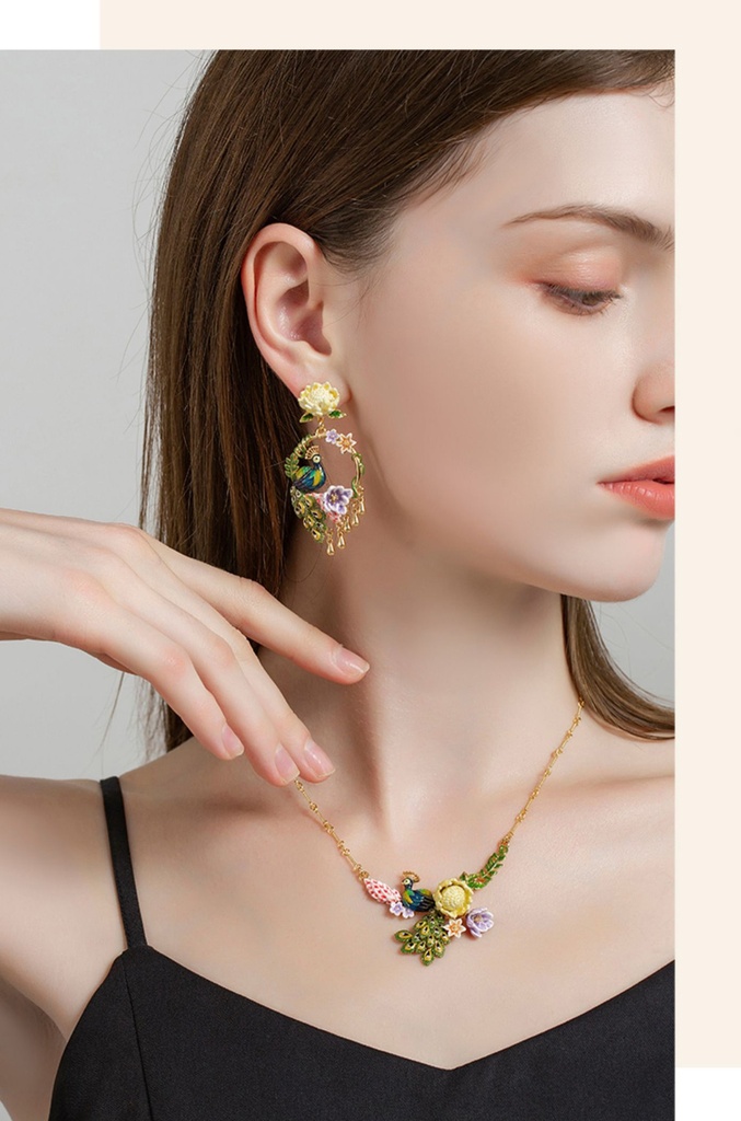 Flower and Peacock Enamel Dangle Earrings Jewelry Gift
