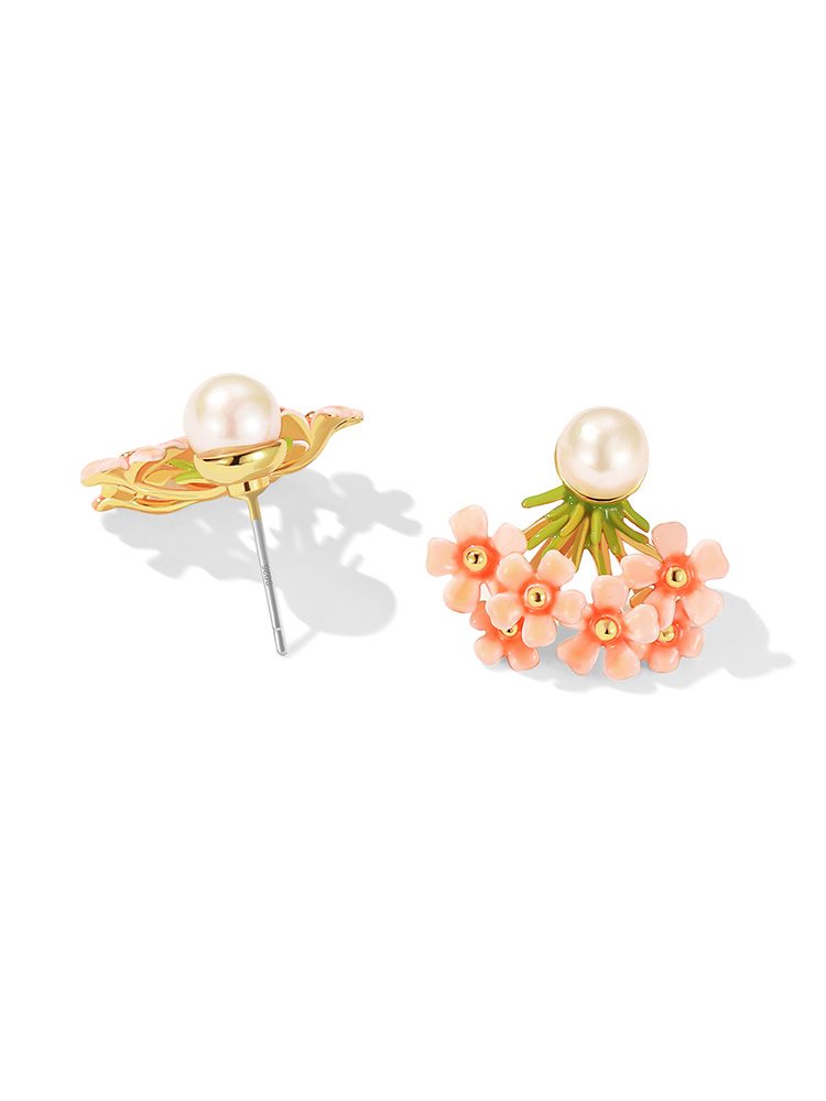 Cherry Blossom Flower And Pearl Enamel Stud Earrings Jewelry Gift