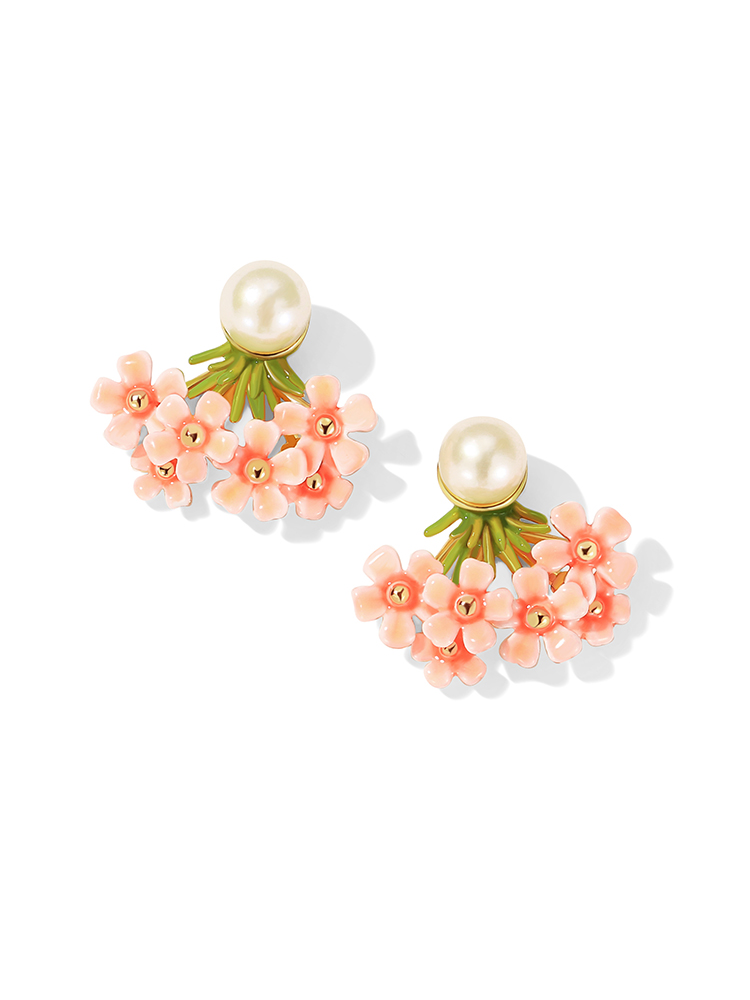 Cherry Blossom Flower And Pearl Enamel Stud Earrings Jewelry Gift