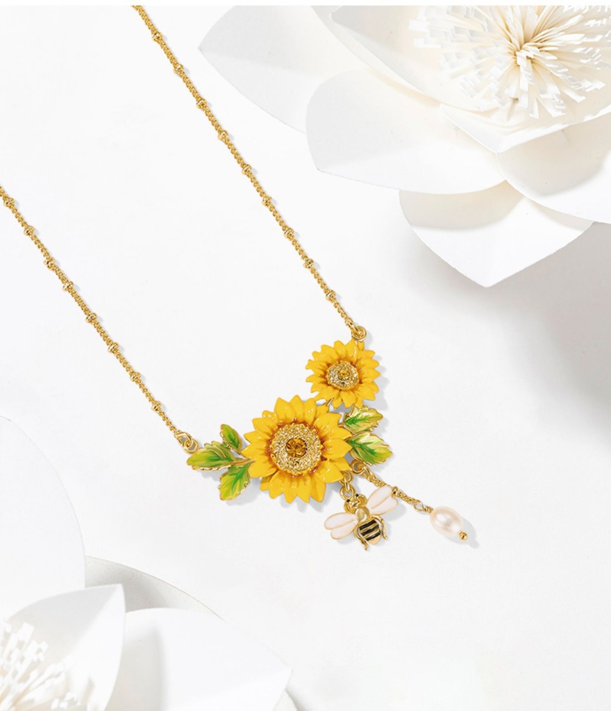 Sunflower And Bee Pearl Enamel Pendant Necklace Jewelry