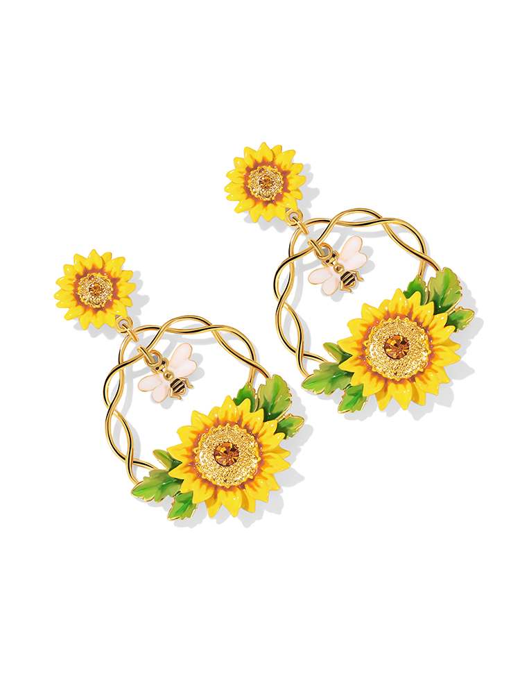 Sunflower Bee And Crystal Enamel Dangle Earrings Jewelry Gift