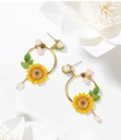 Sunflower Bee And Crystal Pearl Enamel Dangle Earrings Jewelry Gift