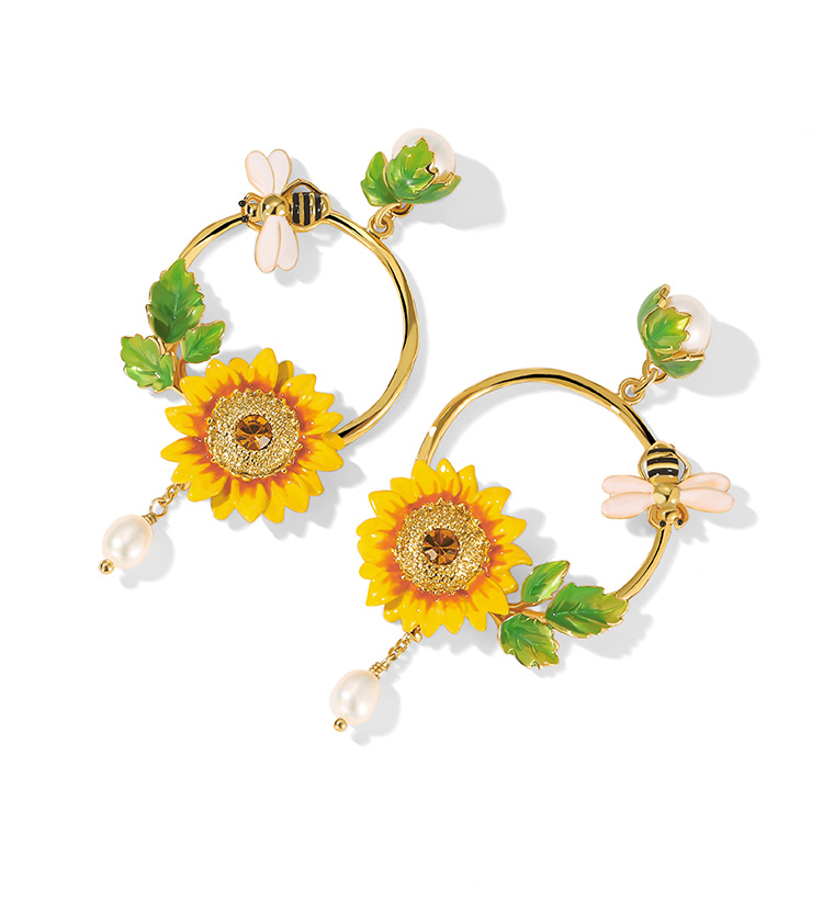 Sunflower Bee And Crystal Pearl Enamel Dangle Earrings Jewelry Gift