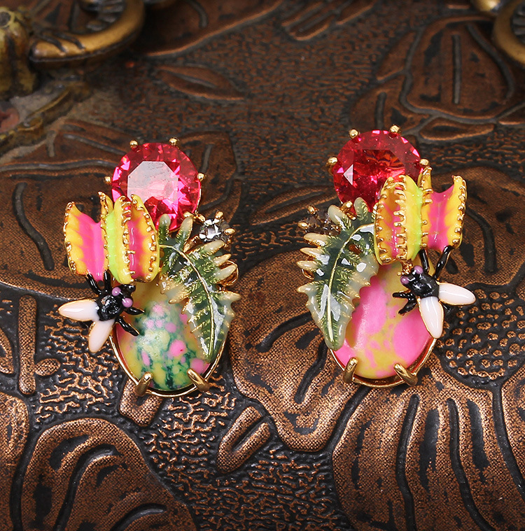 Enamel Glazed Cannibal Plant Flying Insect Natural Colorful Turquoise Earrings Clip Stud