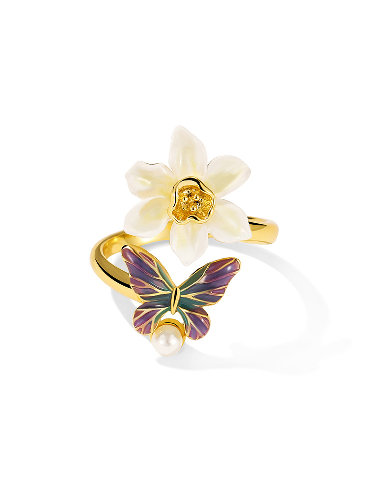 Flower And Butterfly Enamel Adjustable Ring Jewelry Gift