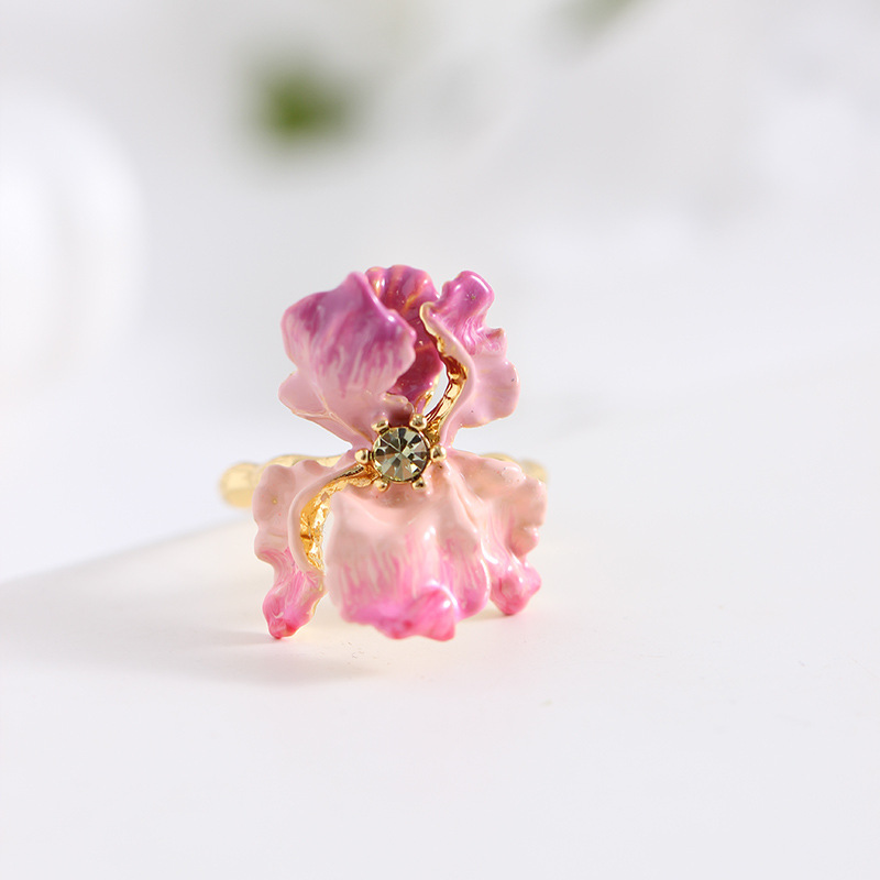 Pink Flower de Luce Irises And Stone Enamel Adjustable Ring