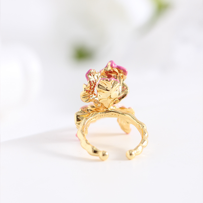 Pink Flower de Luce Irises And Stone Enamel Adjustable Ring