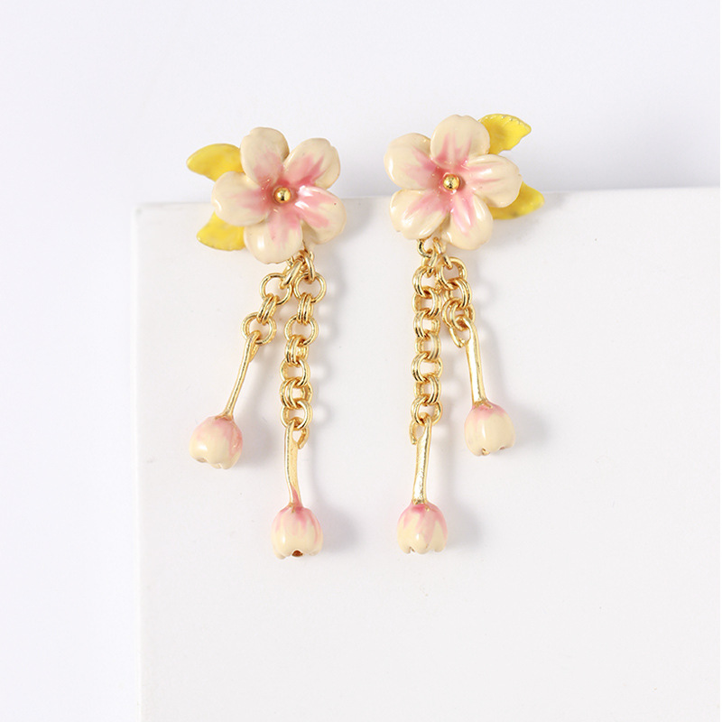 Peach Flower Blossom Enamel Dangle Earrings