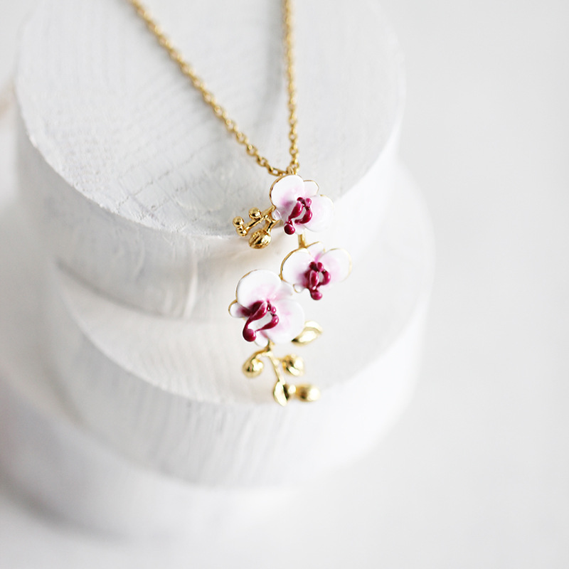 Butterfly Orchid Flower Blossom Enamel Pendant Necklace