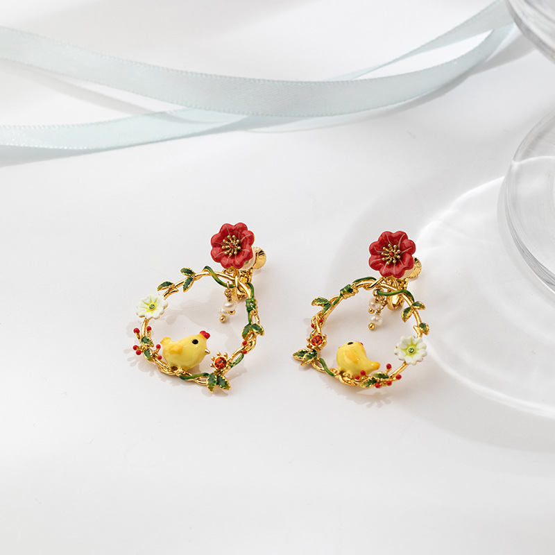 Cute Yellow Chicken Enamel Earrings Chick Flower Jewelry Clip/Stud Earrings