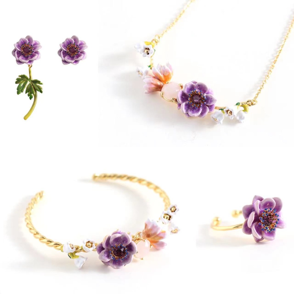 Purple Lotus Flower And Crystal Enamel Adjustable Ring