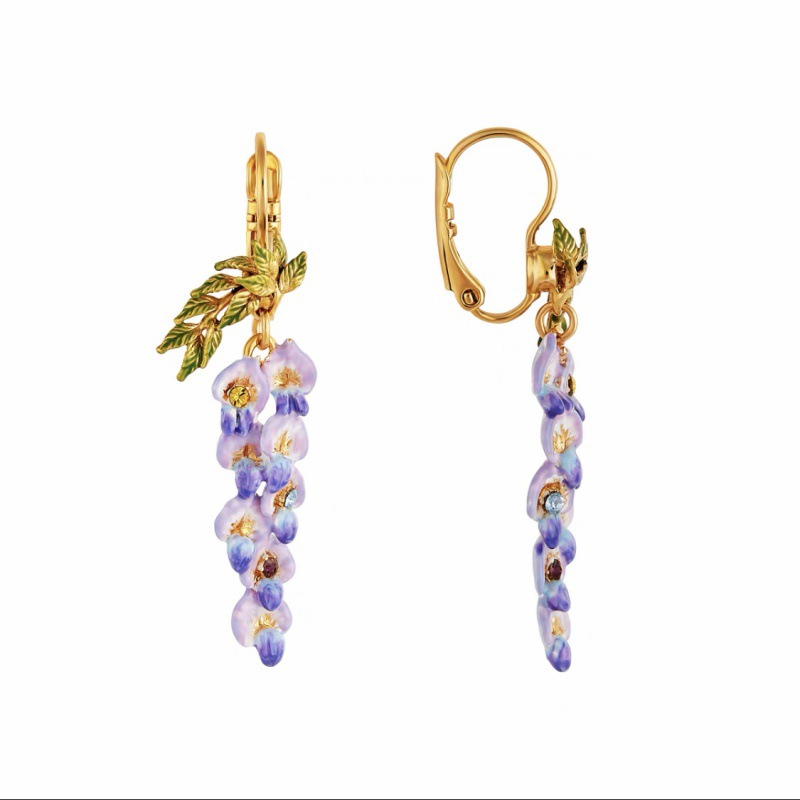 Purple Flower Blosssom Wisteria Enamel Dangle Earrings