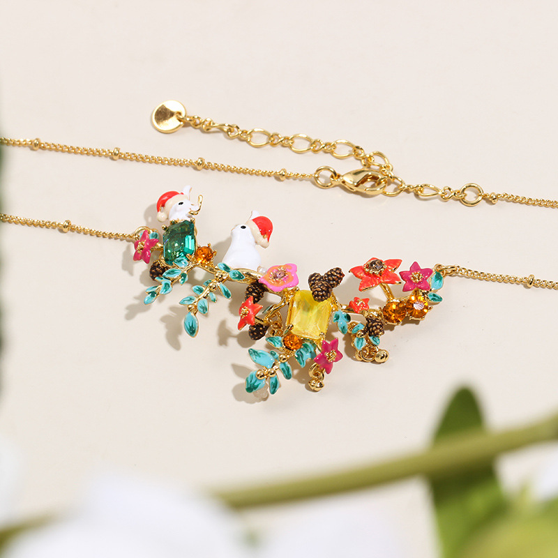 Cute Bunny Rabbit On Flower Branch And Crystal Enamel Pendant Necklace