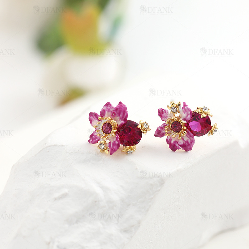 Purple Flower With Crystal Enamel Stud Earrings