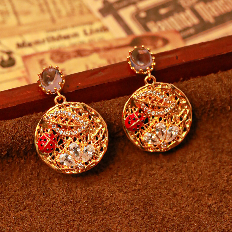 Inlaid Zircon Stone Ladybug Vintage Retro Dangle Earrings