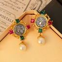 Imitation Gem And Pearl Coin With Portrait Vintage Retro Dangle Earrings