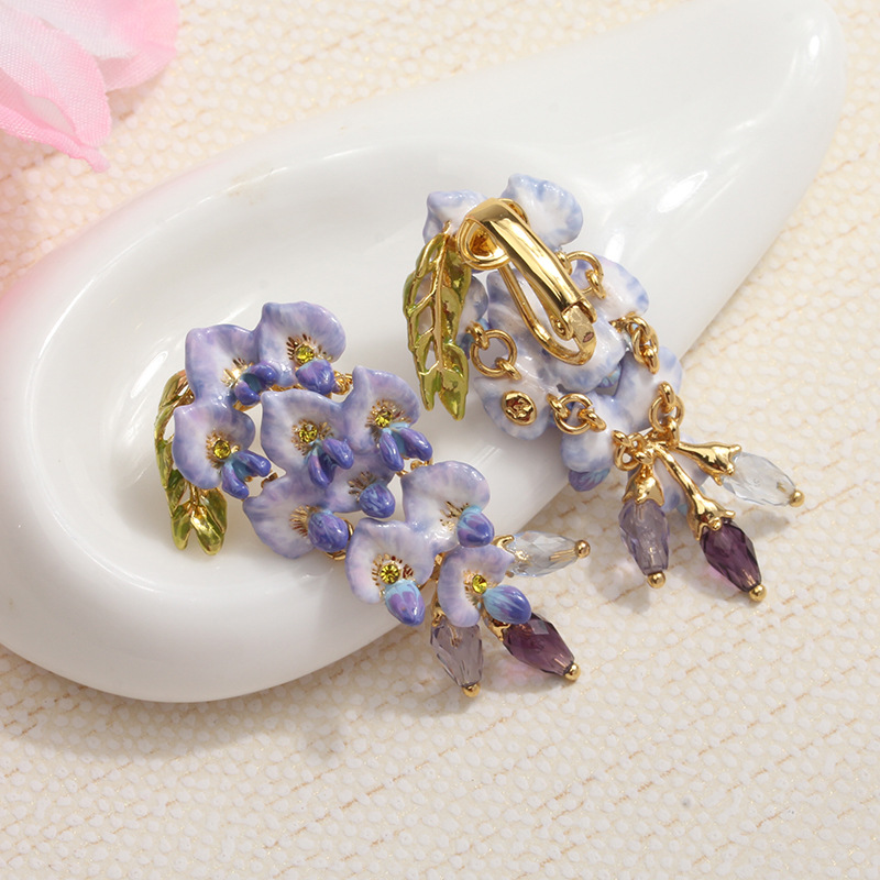 Purple Flower Blosssom Wisteria And Crystal Enamel Dangle Earrings