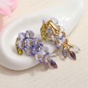 Purple Flower Blosssom Wisteria And Crystal Enamel Dangle Earrings