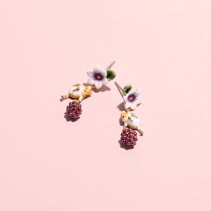 Flower Berry And Hamster Enamel Dangle Earrings