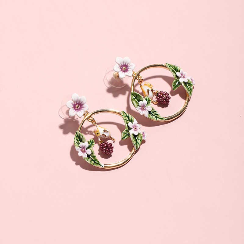 Hamster With Berry Inside A Hoop And Flower Enamel Dangle Earrings